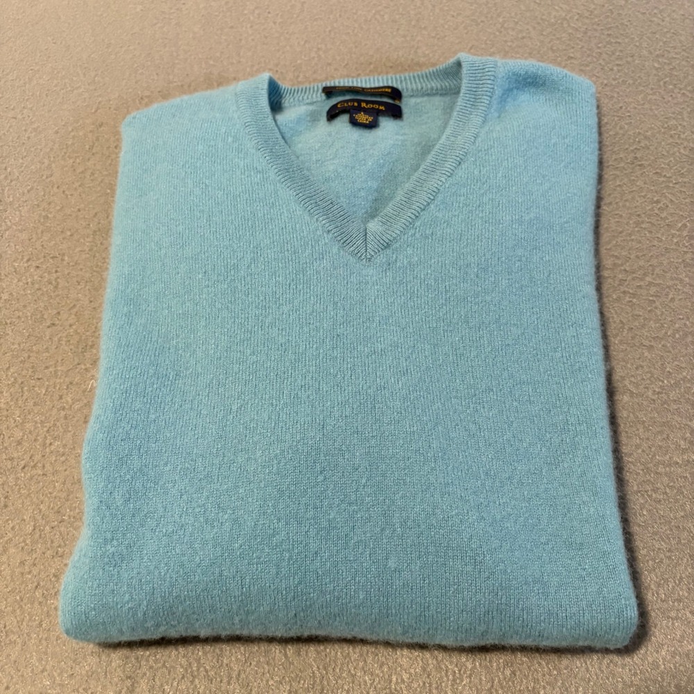 Club Room V-Neck Sweater Men Large Turquoise Blue 100% Fine Cashmere Long Sleeve - Picture 6 of 7